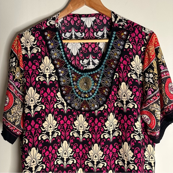 Women’s Embroidered Sequin Multi-Colour Print Boho Top Large - Picture 3 of 7